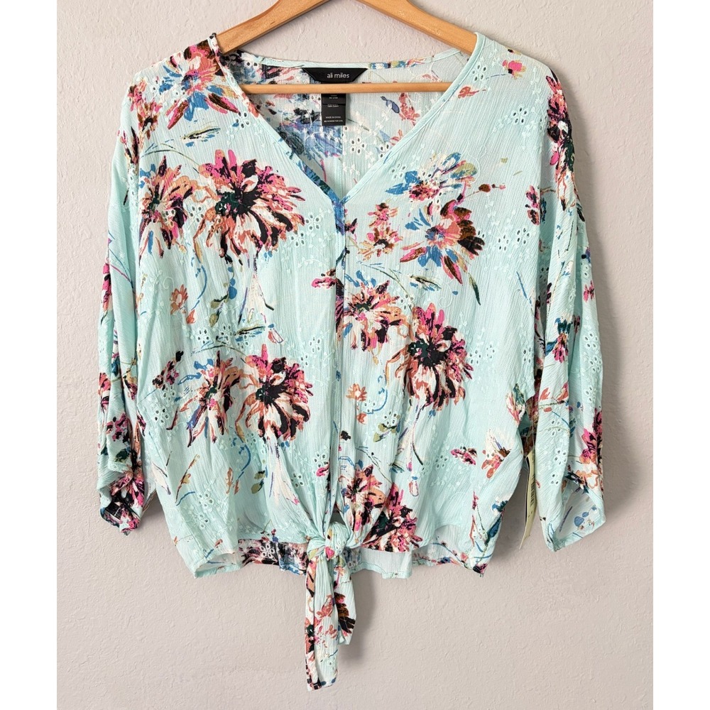 NWT Ali Miles Womens Floral Eyelet Tie Front Blouse M Boho Coastal Cottage Top